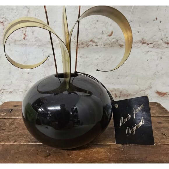 11" Vintage Marie Jaxon Originals Metal Flower Arrangement In Black Vase - Picture 2 of 11